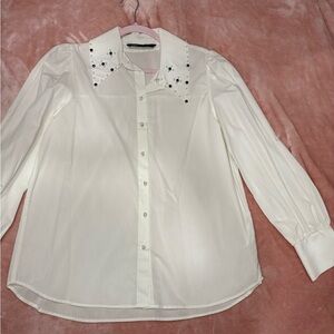 Zara White Embellished Collar Blouse